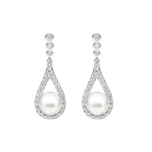 ELLANI STERLING SILVER CUBIC ZIRCONIA WITH FRESHWATER PEARL EARRINGS.