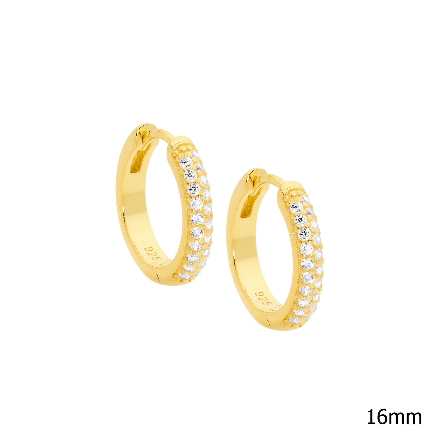 ELLANI GOLD PLATED CUBIC ZIRCONIA 16MM HUGGIE EARRINGS. E499G