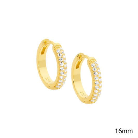 ELLANI GOLD PLATED CUBIC ZIRCONIA 16MM HUGGIE EARRINGS. E499G