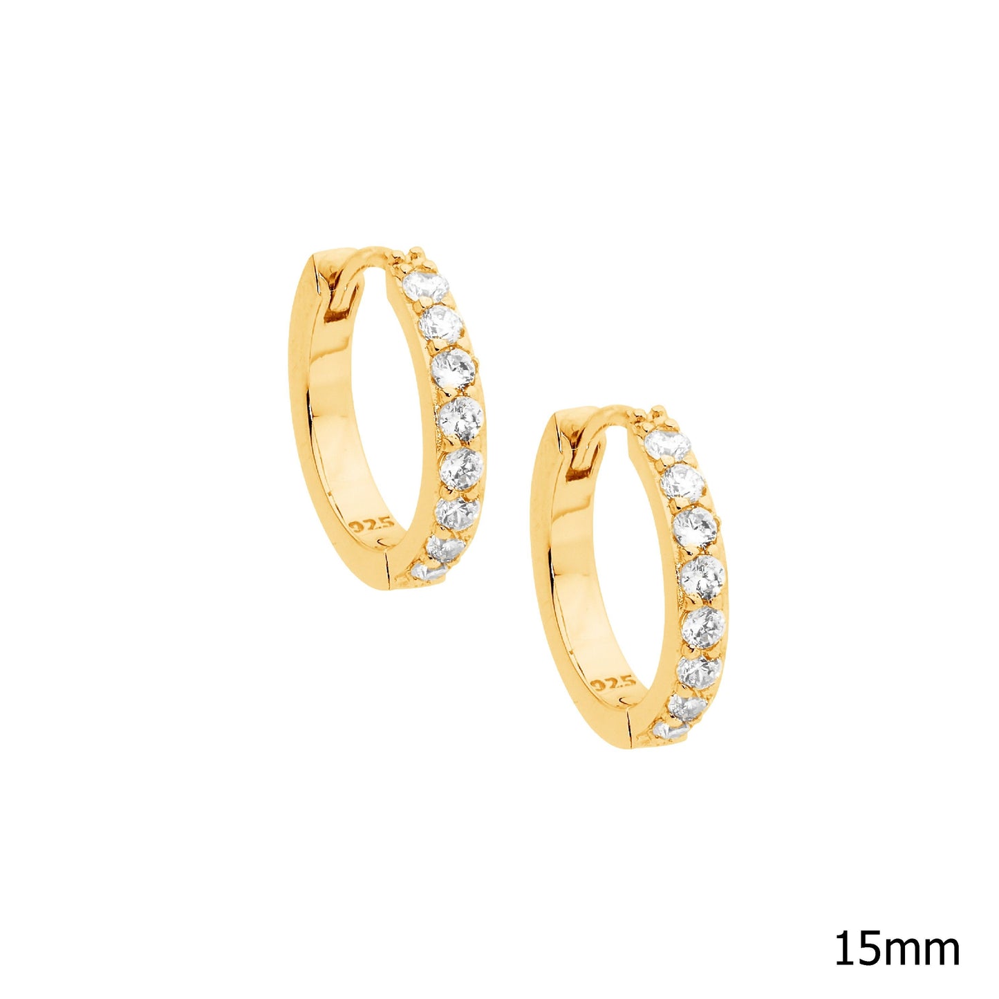 ELLANI STERLING SILVER GOLD PLATED SINGLE ROW CLAW SET 15MM CUBIC ZIRCONIA HUGGIE EARRINGS. E512G