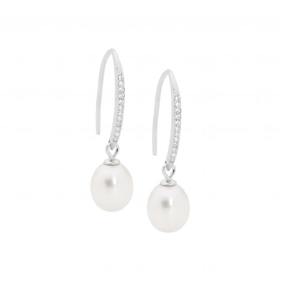 ELLANI STERLING SILVER RHODIUM PLATED CUBIC ZIRCONIA DROP FRESHWATER PEARL EARRINGS. E514S