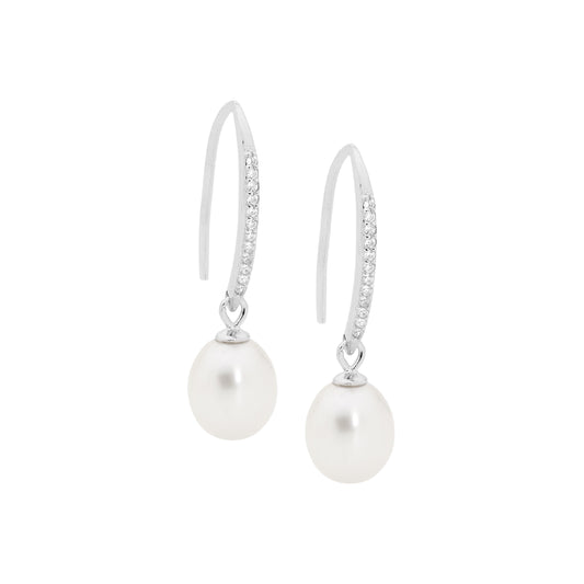 ELLANI STERLING SILVER DROP FRESHWATER PEARL EARRINGS. E514S