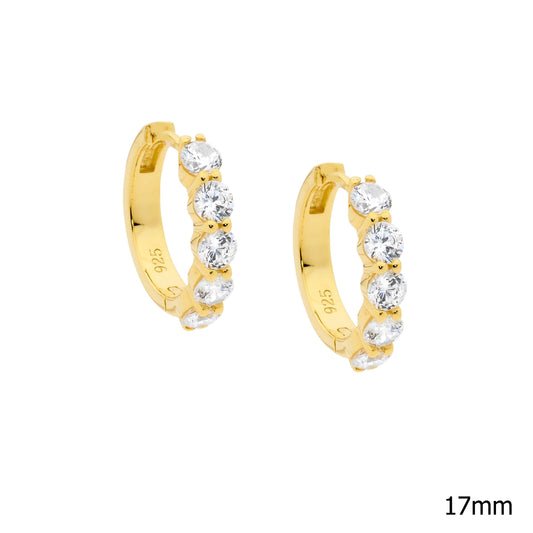 ELLANI STERLING SILVER GOLD PLATED 3.5MM ROUND CLAW SET CUBIC ZIRCONIA HUGGIE EARRINGS. E540G