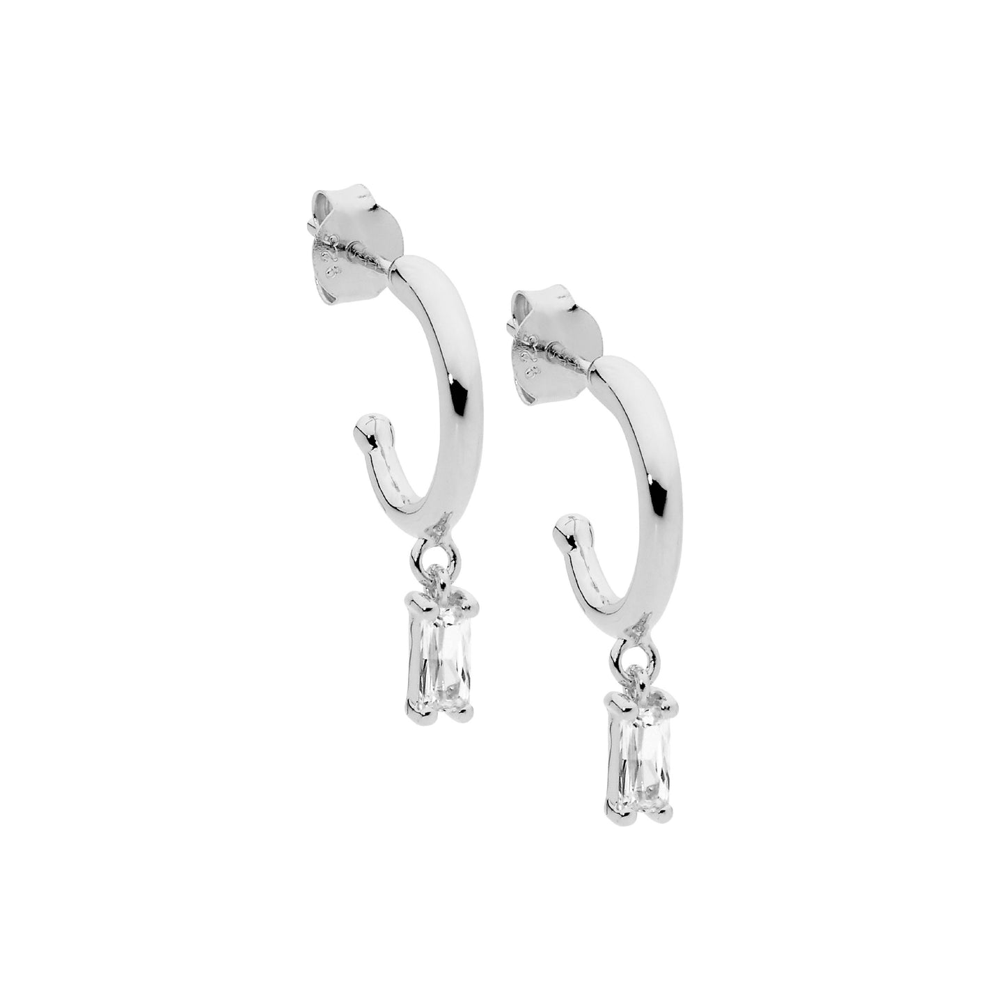 ELLANI STERLING SILVER 10MM HOOP EARINGS WITH CUBIC ZIRCONIA BAGUETTE DROP. E544S