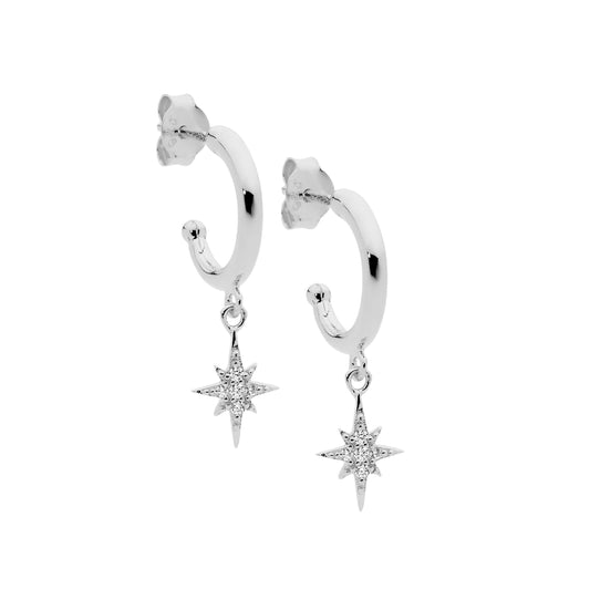 ELLANI STERLING SILVER RHODIUM PLATED 10MM HOOP CUBIC ZIRCONIA DROP STAR STUD EARRINGS.