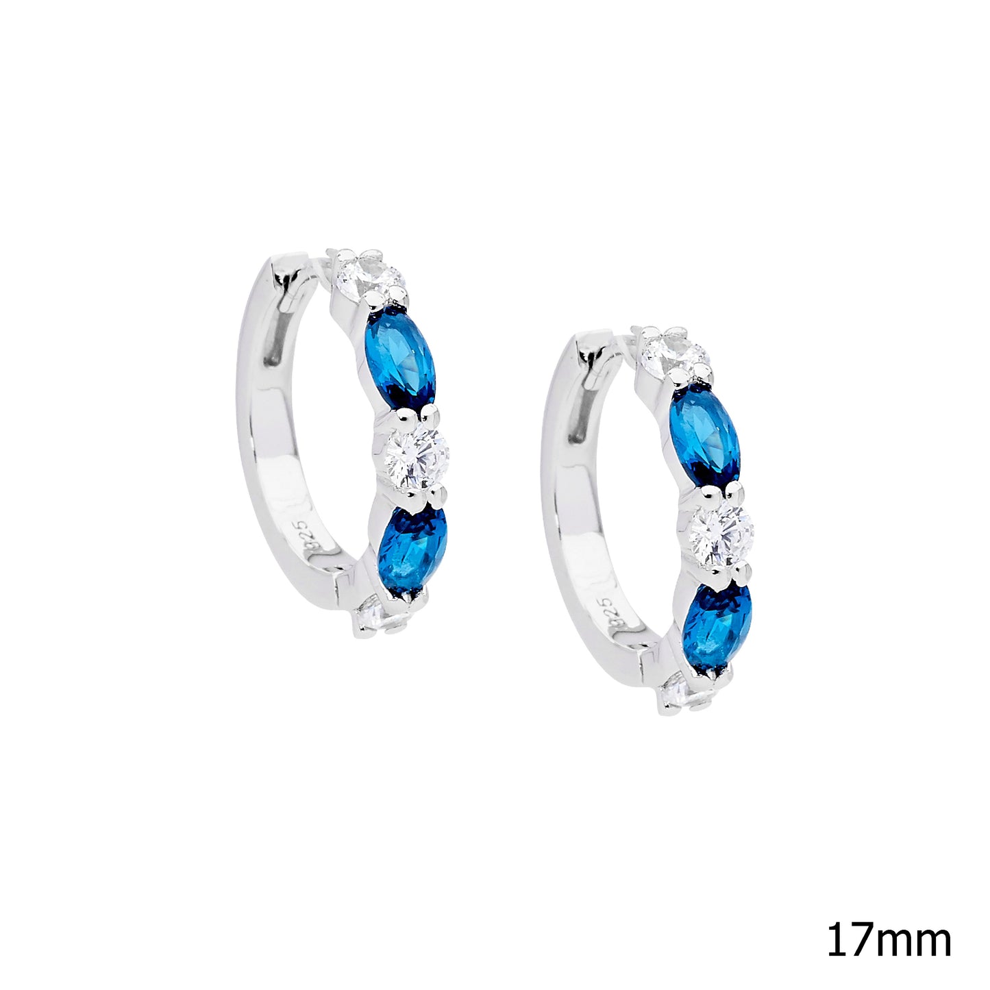 ELLANI STERLING SILVER RHODIUM PLATED LONDON BLUE AND CUBIC ZIRCONIA HUGGIE 13MM INTERNAL DIAMETER EARRINGS. E550LB