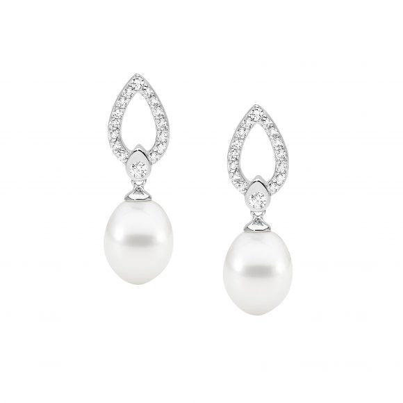 STERLING SILVER RHODIUM PLATED CUBIC ZIRCONIA TEAR DROP FRESHWATER PEARL STUD EARRINGS