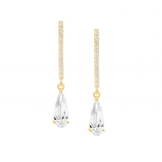 ELLANI STERLING SILVER GOLD PLATED CUBIC ZIRCONIA DROP TEAR DROP STUD EARRINGS. E569G