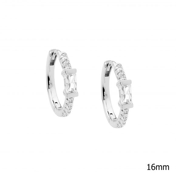 ELLANI STERLING SILVER BAGUETTE AND ROUND 12MM HUGGIE EARRINGS. E572S