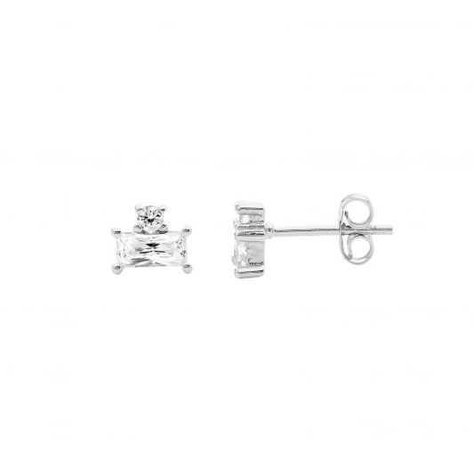 ELLANI STERLING SILVER CUBIC ZIRCONIA BAGUETTE AND ROUND STUD EARRINGS. E583S