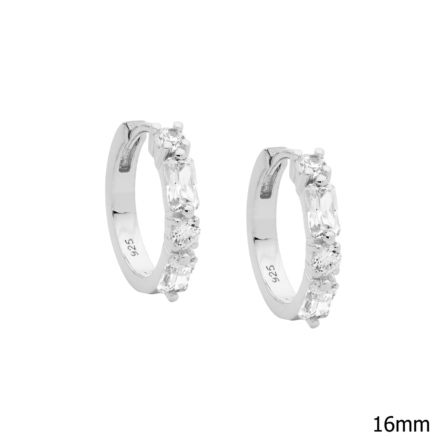 ELLANI STERLING SILVER ROUND AND BAGUETTE 16MM HUGGIE EARRINGS. E585S