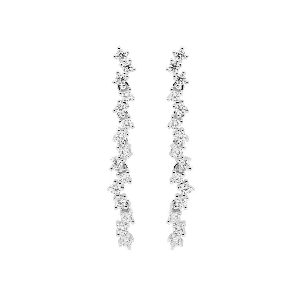 ELLANI STERLING SILVER CUBIC ZIRCONIA STAGGERED 4CM DROP STUD EARRINGS. E588S