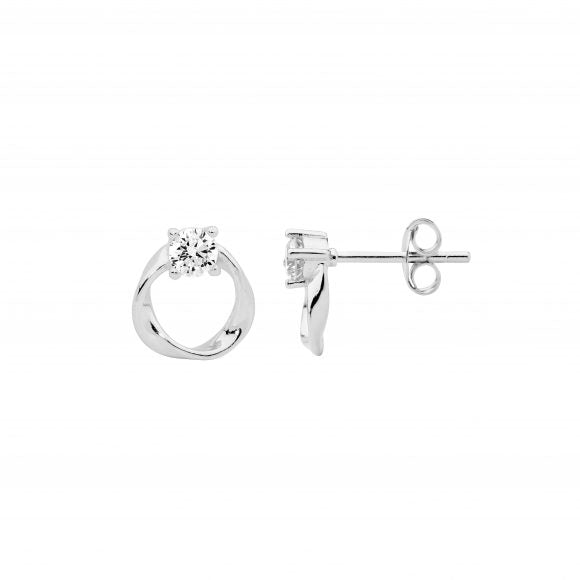 ELLANI STERLING SILVER 9MM OPEN CIRCLE TWIST STUDS WITH ROUND CUBIC ZIRCONIA EARRINGS. E593S