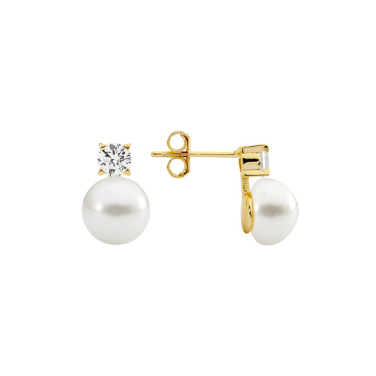ELLANI GOLD PLATEDCUBIC ZIRCONIA AND FRESHWATER PEARL STUD EARRINGS. E595G