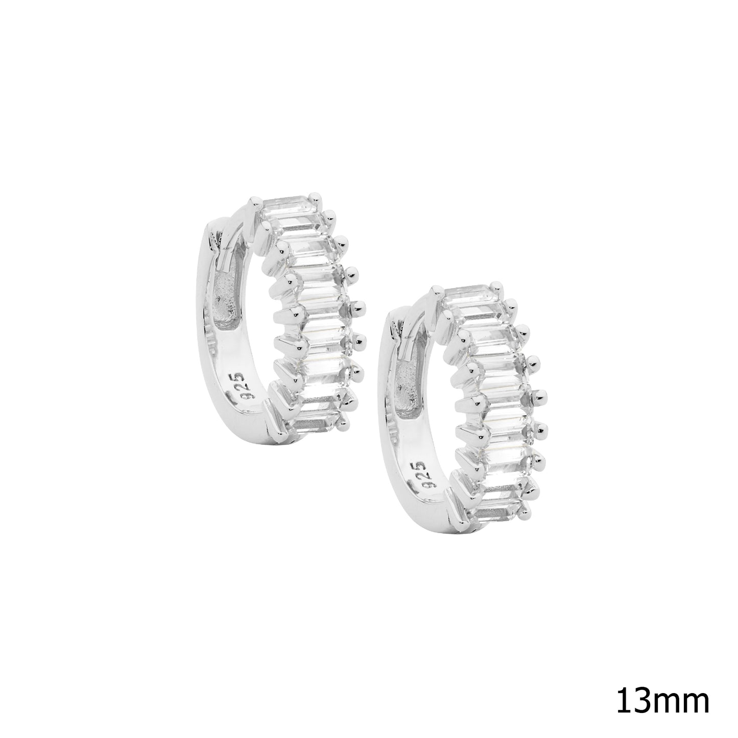 ELLANI STERLING SILVER BAGUETTE CLAW SET 13MM HUGGIE EARRINGS. E599S