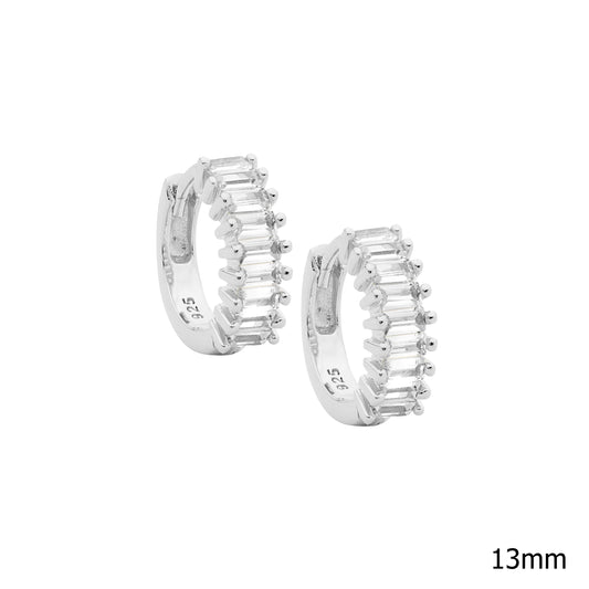 ELLANI STERLING SILVER BAGUETTE CLAW SET 13MM HUGGIE EARRINGS. E599S