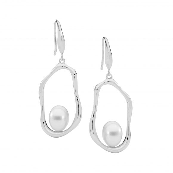 ELLANI STERLING SILVER RHODIUM PLATED OVAL DROP EARRINGS WITH FRESHWATER PEARL E601S