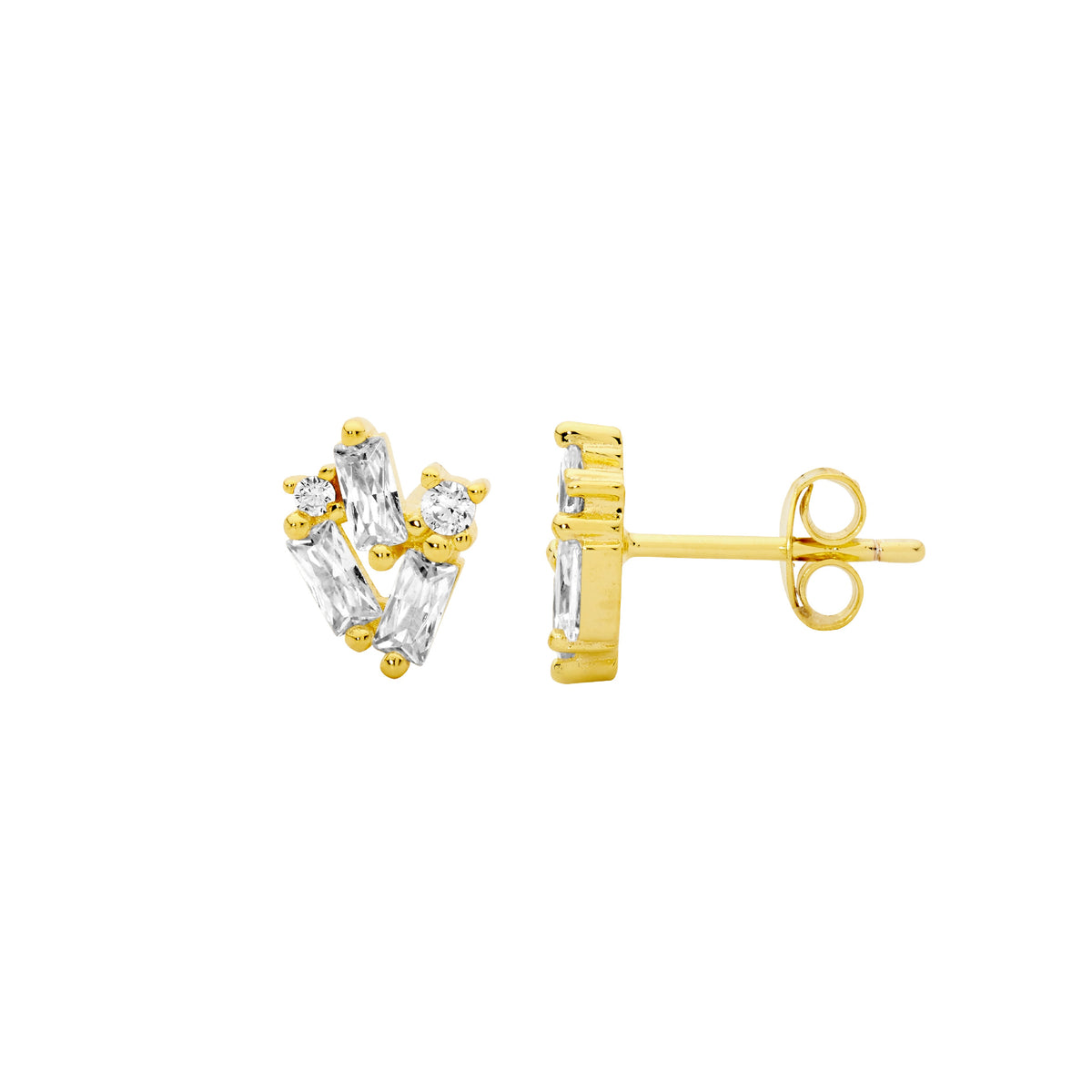 ELLANI STERLING SILVER STAGGERED ROUND AND BAGUETTE CUBIC ZIRCONIA STUD EARRINGS. E605G