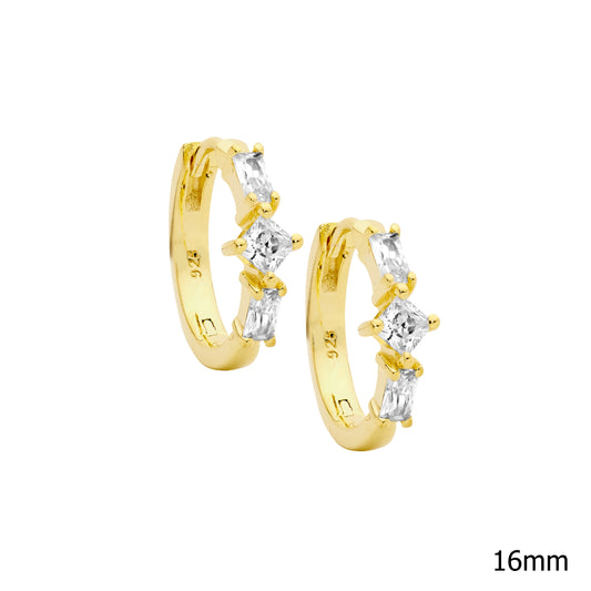 ELLANI GOLD PLATED CUBIC ZIRCONIA 16MM HUGGIE EARRINGS. E608G