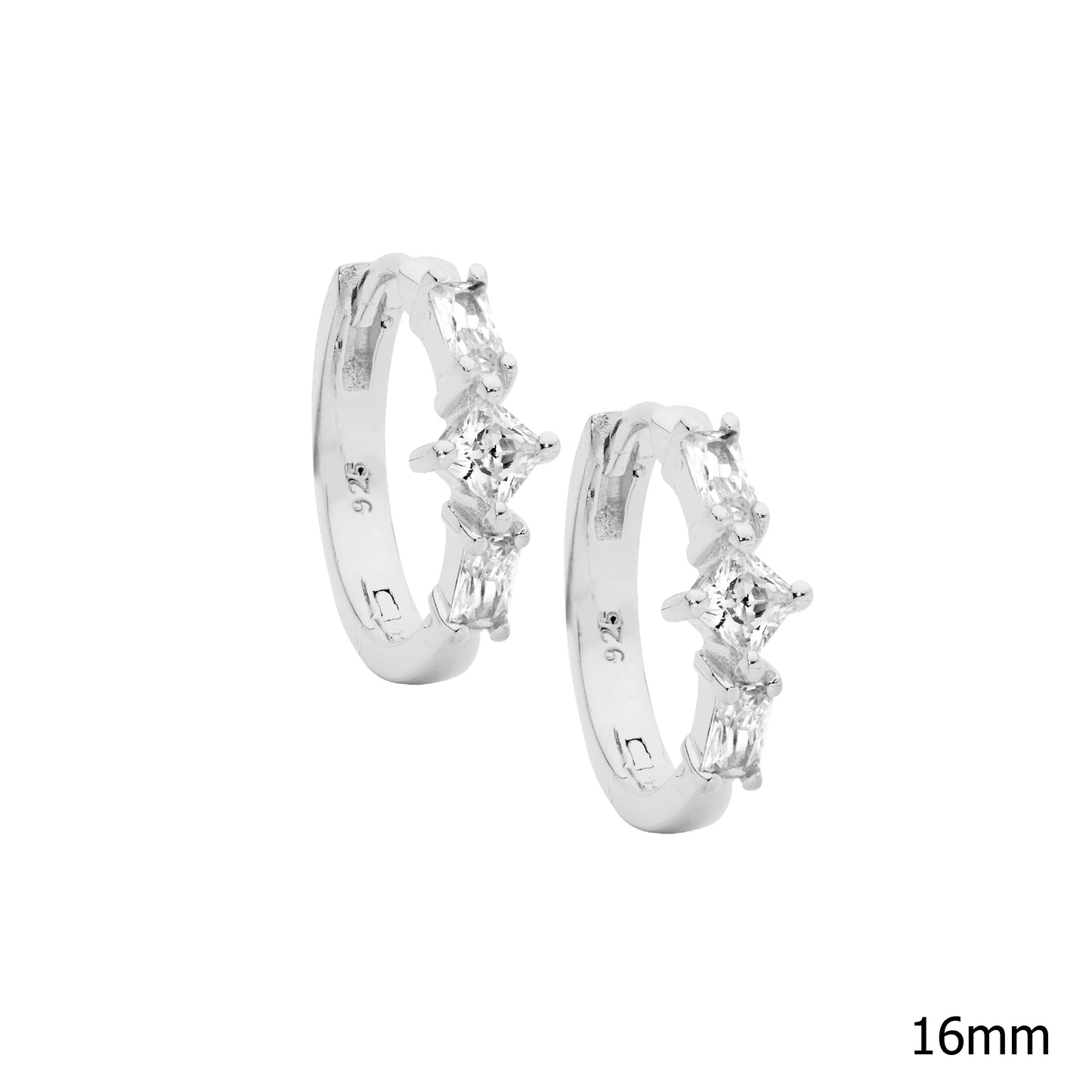 ELLANI STERLING SILVER CUBIC ZIRCONIA 16MM HUGGIE EARRINGS. E608S