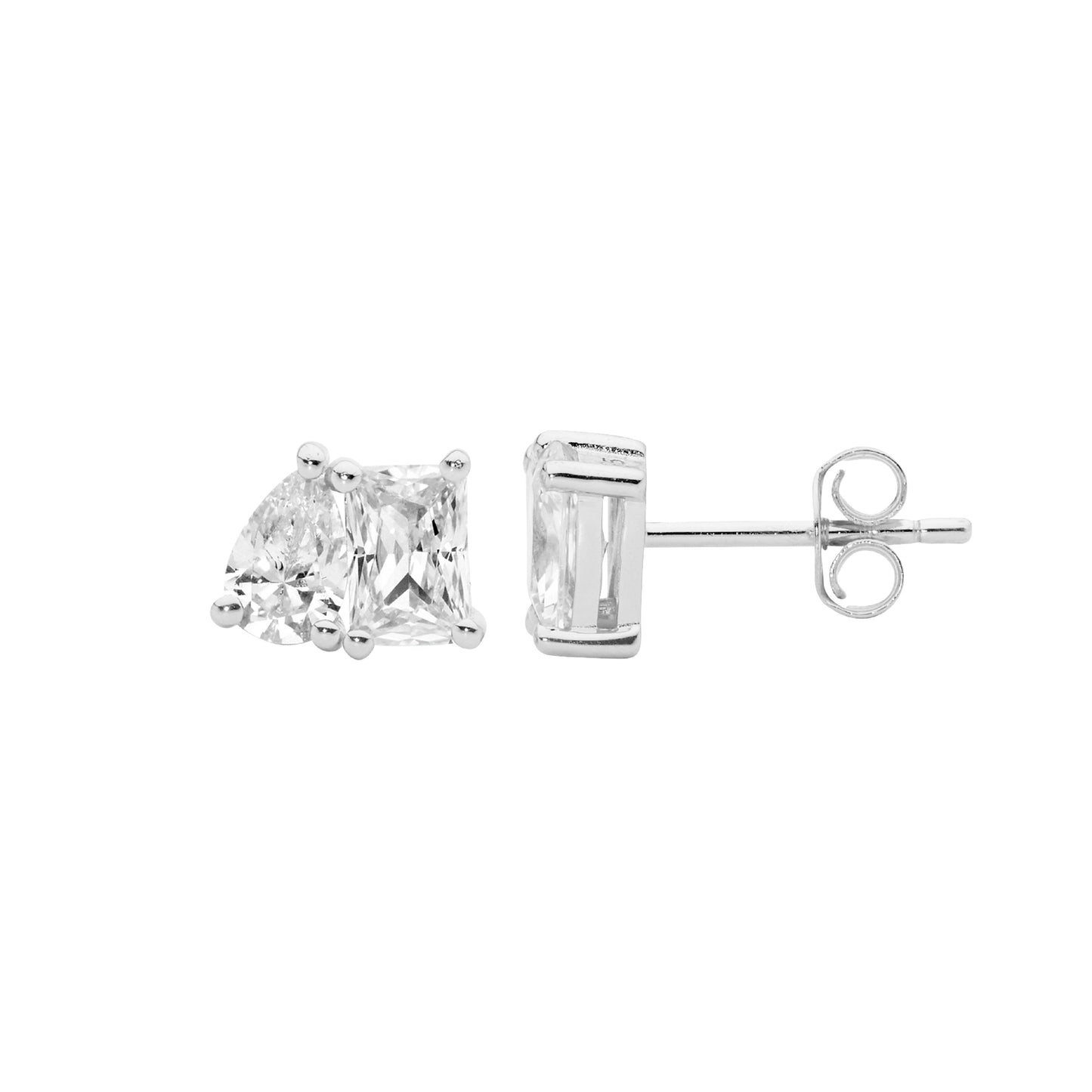 ELLANI STERLING SILVER RHODIUM PLATED EMERALD AND PEAR SHAPE CUBIC ZIRCONIA STUD EARRINGS. E616S