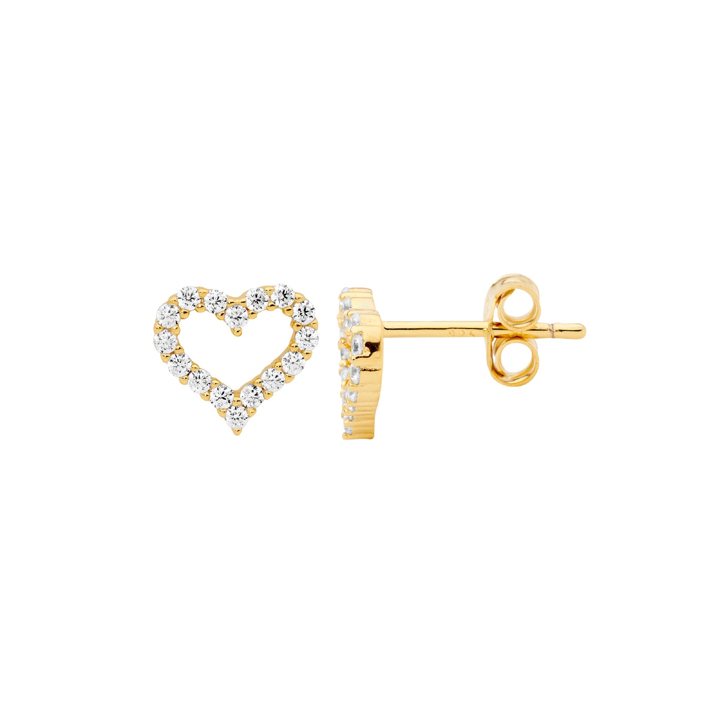 ELLANI STERLING SILVER GOLD PLATED CUBIC ZIRCONIA 8MM OPEN HEART STUD EARRINGS. E617G