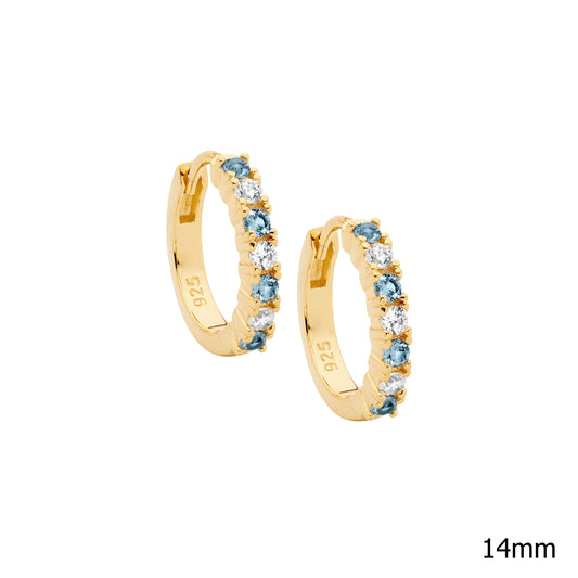 ELLANI STERLING SILVER GOLD PLATED 11MM HUGGIE EARRINGS CUBIC ZIRCONIA AND BLUE SPINEL.