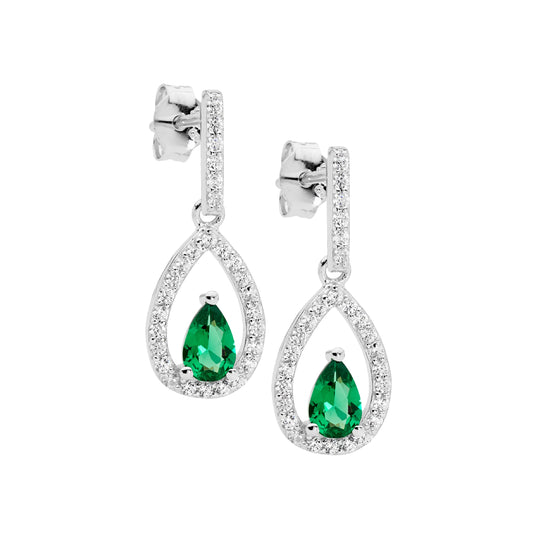 ELLANI STERLING SILVER PEAR SHAPE CLEAR AND GREEN CUBIC ZIRCONIA EARRINGS.