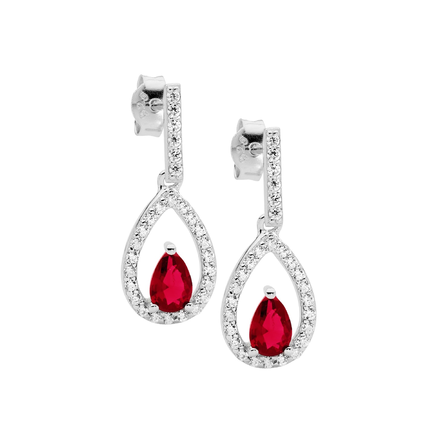 ELLANI STERLING SILVER PEAR SHAPE CLEAR AND RED CUBIC ZIRCONIA EARRINGS.