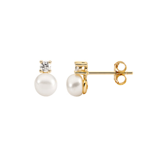 ELLANI GOLD PLATED CUBIC ZIRCONIA WITH FRESHWATER PEARL STUD EARRINGS. E364G