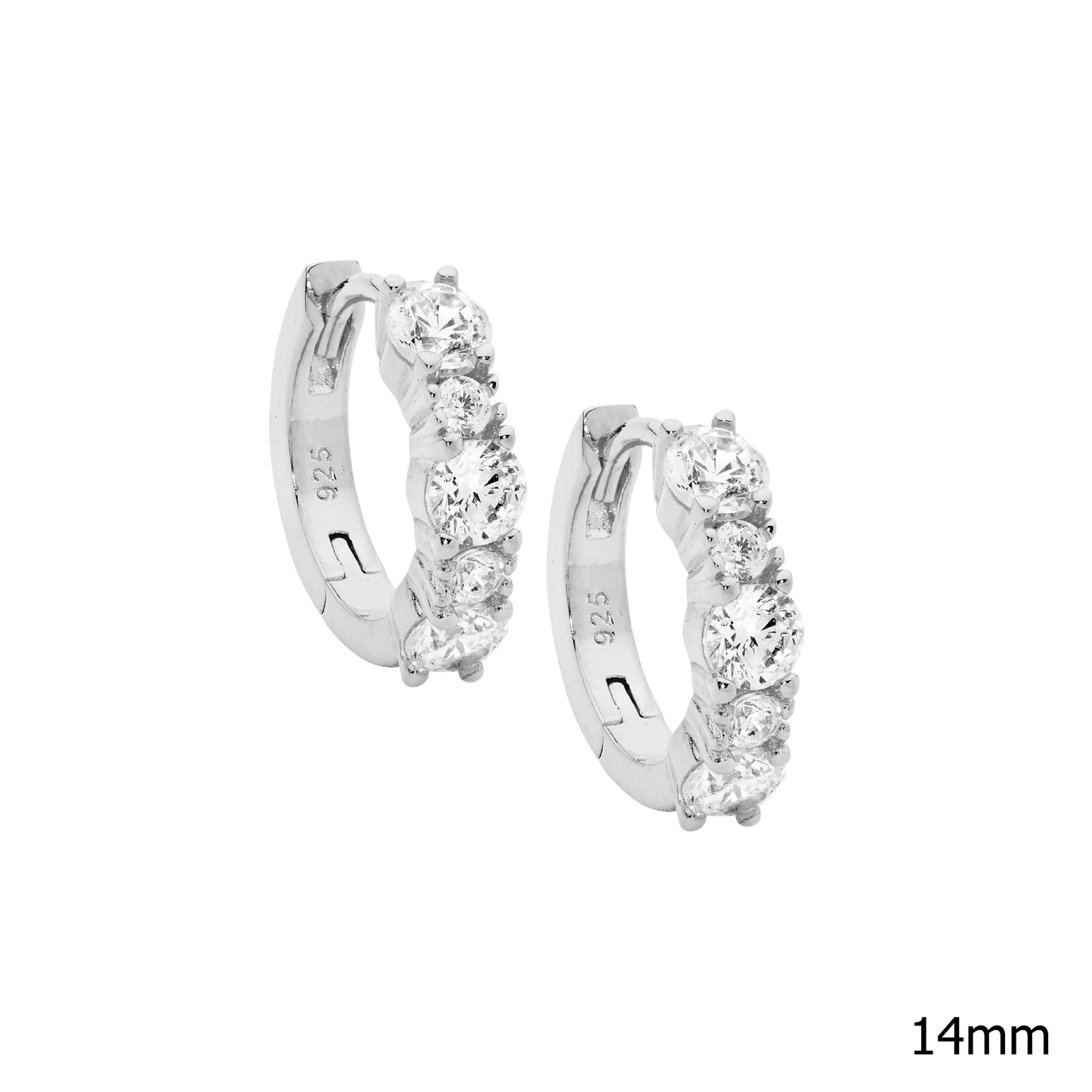 ELLANI STERLING SILVER ROUND CUBIC ZIRCONIA 14MM HUGGIE EARRINGS. E636S