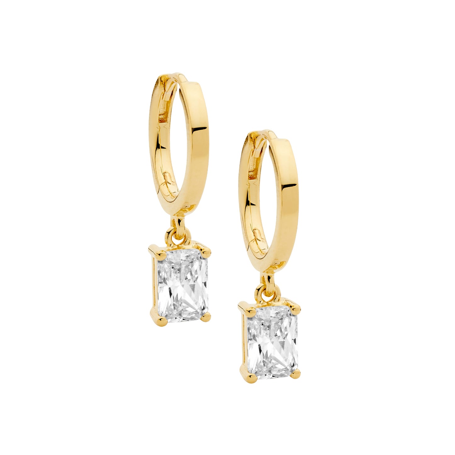 ELLANI GOLD PLATED 13MM HUGGIE EARRINGS RADIANT CUBIC ZIRCONIA DROP. E644G