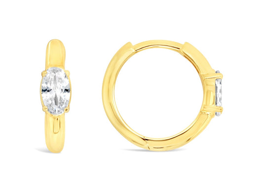 9CT YELLOW GOLD 2 X 10MM HUGGIE EARRINGS WITH CENTRE OVAL CUBIC ZIRCONIA.