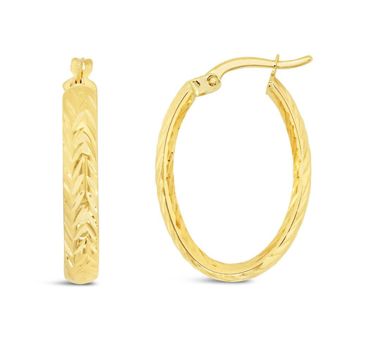 9CT YELLOW GOLD IMPORTED CHEVERON DIAMOND CUT OVAL HOOP EARRINGS.
