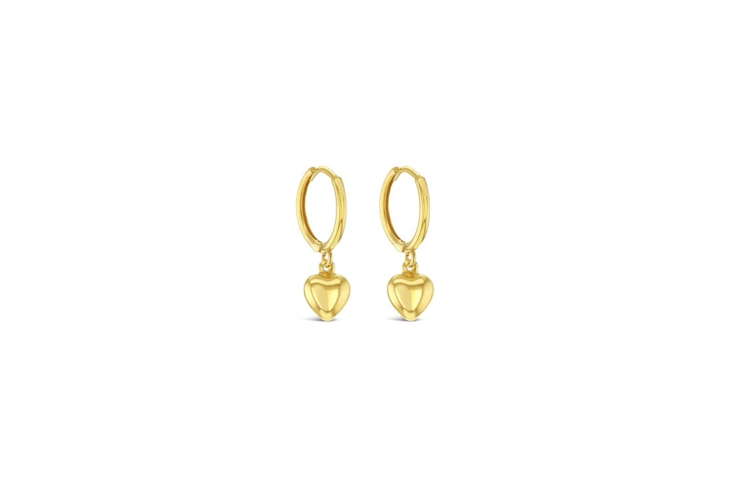 9CT YELLOW GOLD 9 X 1.3MM HUGGIE EARRINGS WITH 6.2MM DROP HEART.