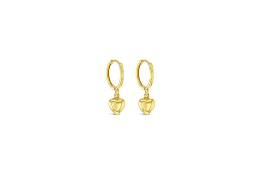 9CT YELLOW GOLD 9 X 1.3MM HUGGIE EARRINGS WITH 6.2MM DROP HEART.