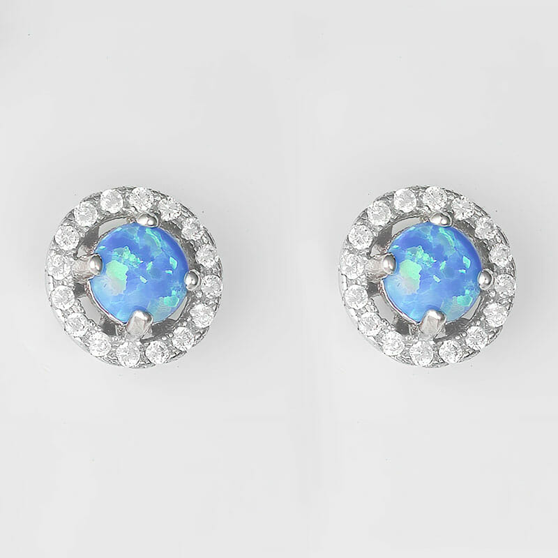 STERLING SILVER RHODIUM PLATED BLUE ROUND CREATED OPAL AND CUBIC ZIRCONIA STUD EARRINGS