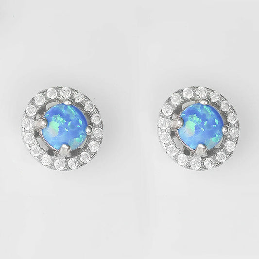 STERLING SILVER RHODIUM PLATED BLUE ROUND CREATED OPAL AND CUBIC ZIRCONIA STUD EARRINGS