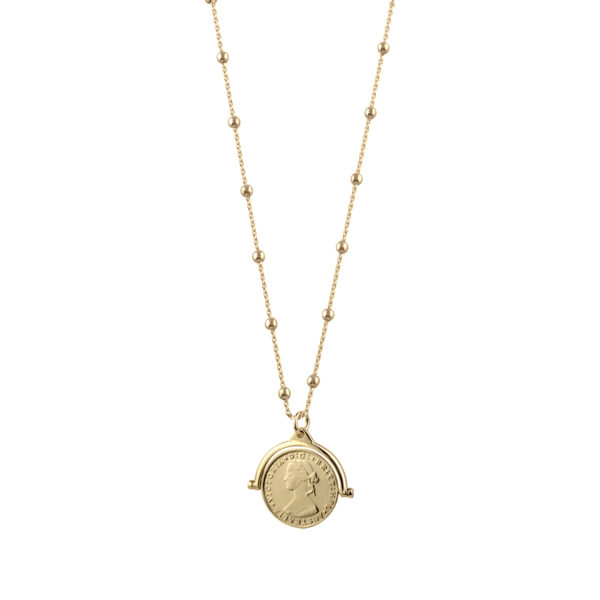 VON TRESKOW YELLOW GOLD FILLED ROSARIO NECKLACE WITH THREEPENCE AUSTRALIAN TOKEN COIN SPINNER