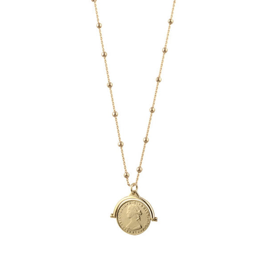 VON TRESKOW YELLOW GOLD FILLED ROSARIO NECKLACE WITH THREEPENCE AUSTRALIAN TOKEN COIN SPINNER