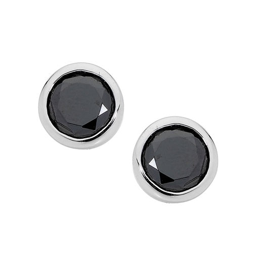 ELLANI STERLING SILVER BEZEL SET 6MM BLACK ROUND CUBIC ZIRCONIA STUD EARRINGS.E 125B-6