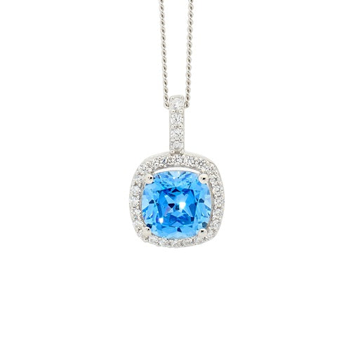 ELLANI STERLING SILVER BLUE CUSHION CUT CUBIC ZIRCONIA PENDANT P710FB