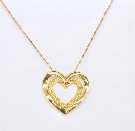 9CT YELLOW GOLD DOUBLE HEART PENDANT.