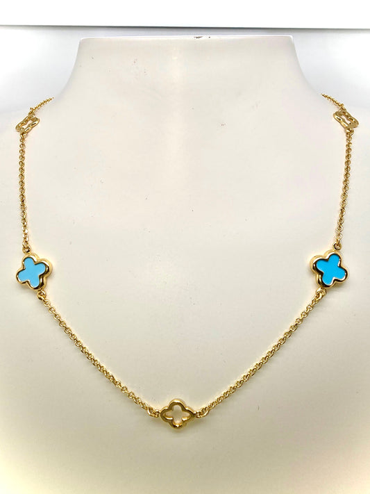 9CT YELLOW GOLD IMPORTED 45CM TURQUOISE AND OPEN CLOVER NECKLACE