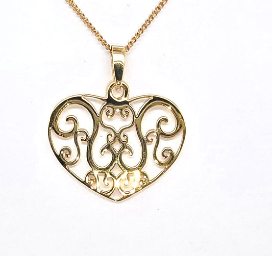 9CT YELLOW GOLD LARGE FILIGREE HEART PENDANT