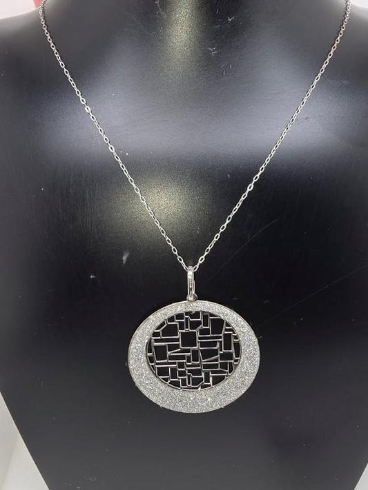 STERLING SILVER RHODIUM PLATED GLITTER CIRCLE PENDANT AND 45-50CM FINE TRACE CHAIN