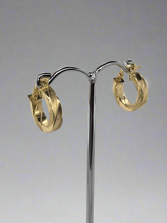 14CT YELLOW GOLD IMPORTED 3.8 X 10MM POLISHED AND MAT HOOP EARRINGS