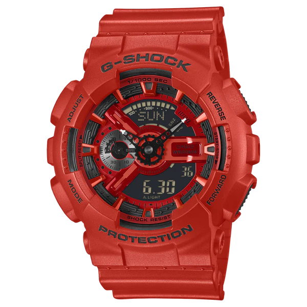 G-SHOCK DUO ICONIC RED WATCH RED BEZEL AND RESIN BAND. GA110RRB-4A