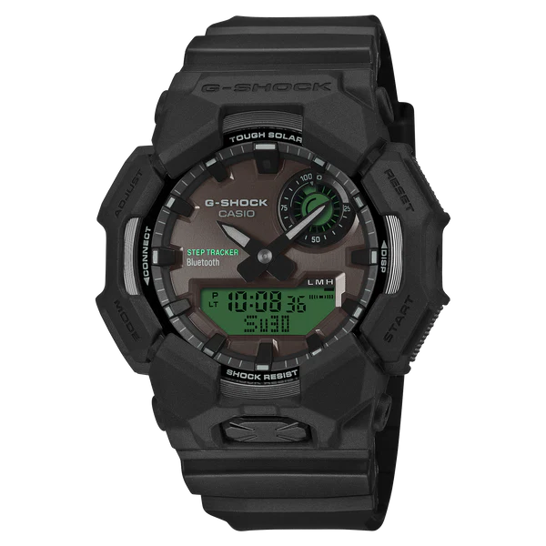 G-SHOCK DUO WATCH BLACK AND ELECTRO GREEN FACE, BLACK RESIN BAND.