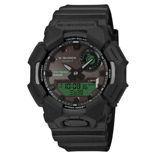 G-SHOCK DUO WATCH BLACK AND ELECTRO GREEN FACE, BLACK RESIN BAND.
